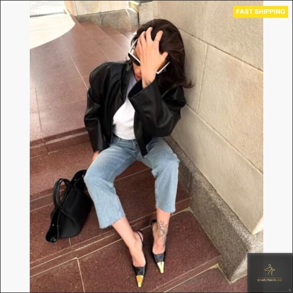 Oversized Faux Leather Bomber Jacket Women's Motorcycle Style Long Sleeve - Picture 4 of 6